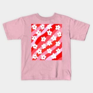 Pink and Red Groovy Flowers on Wavy Stripes Kids T-Shirt